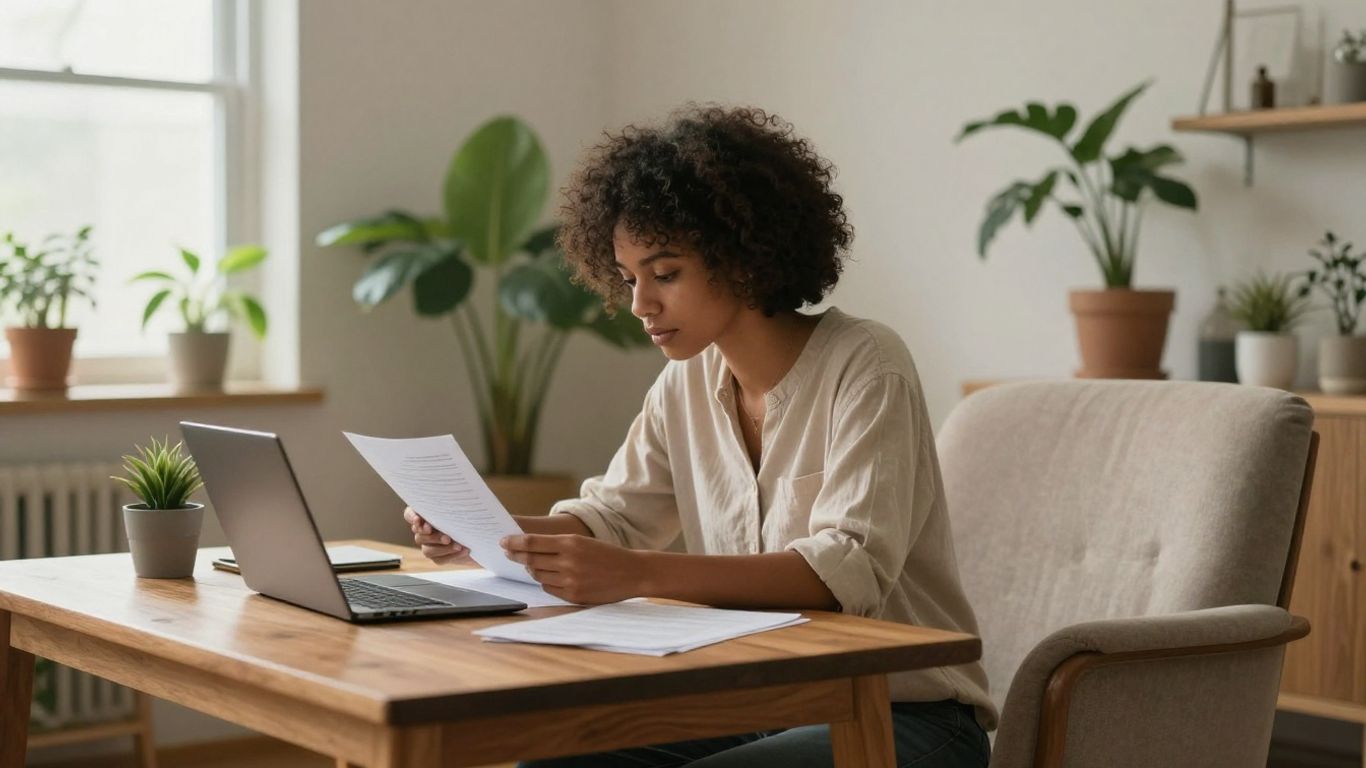 Persona revisando presupuesto en casa con calma y seguridad.