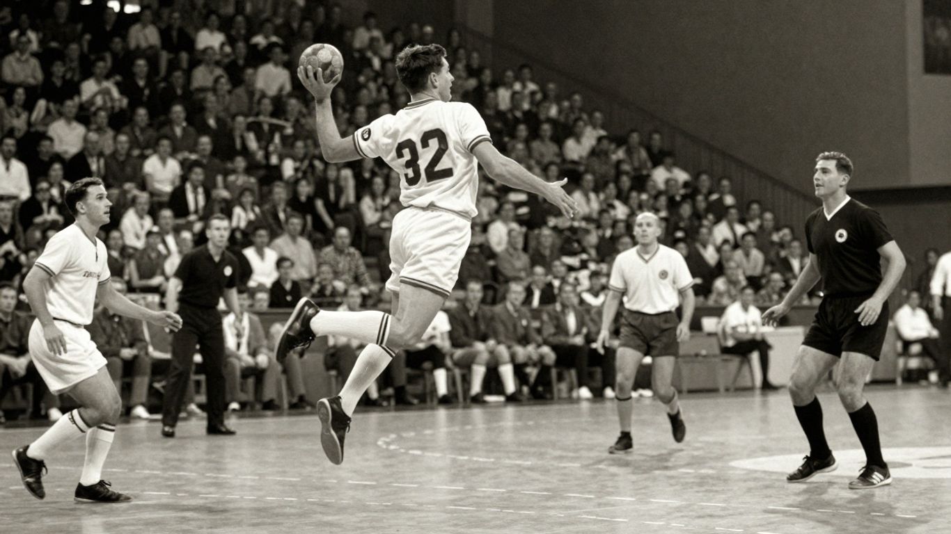 Jucători de handbal într-un meci vechi, mulțime în fundal.