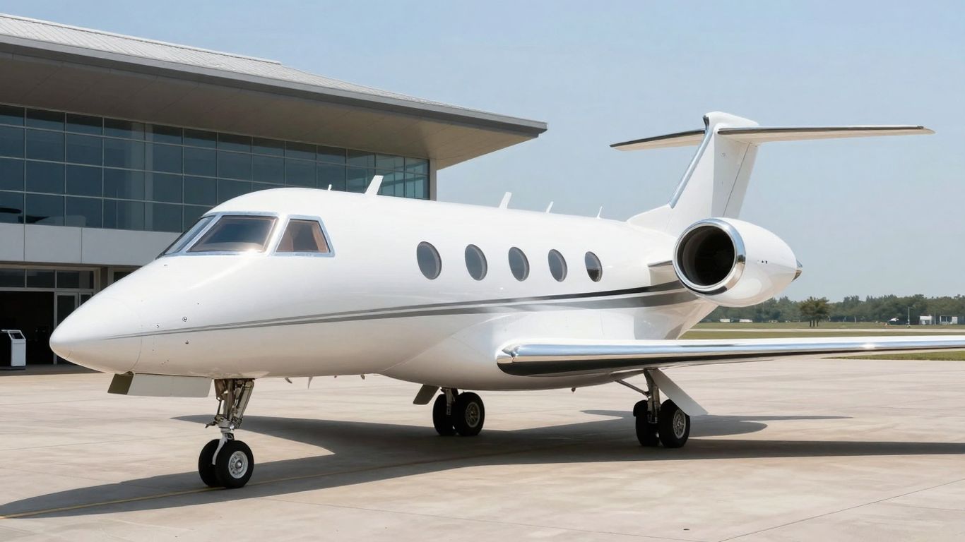 Sleek private jet on tarmac near luxury terminal.
