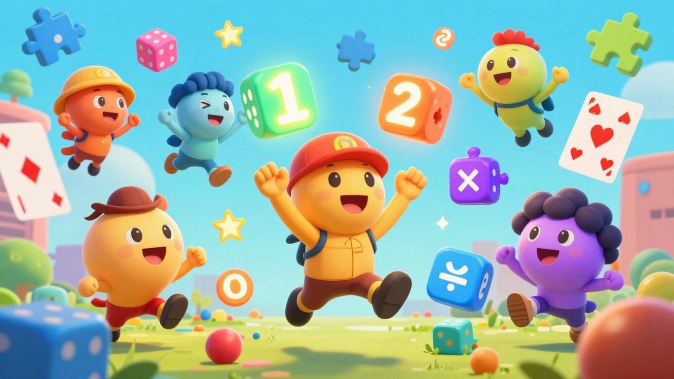 Colorful game math elements with happy characters learning.