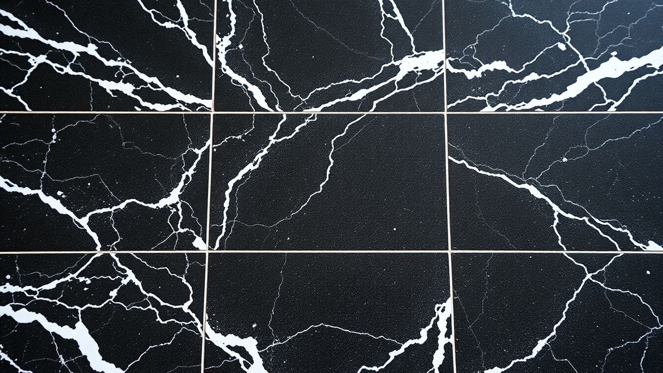 Tumbled Nero Marquina marble tiles with black and white veining.