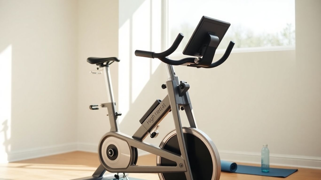 Bicicleta ergométrica em ambiente doméstico com luz natural.