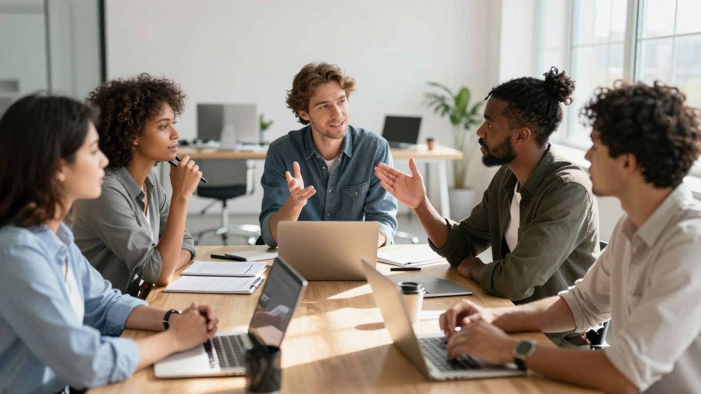 Team collaborating in a bright, modern office.