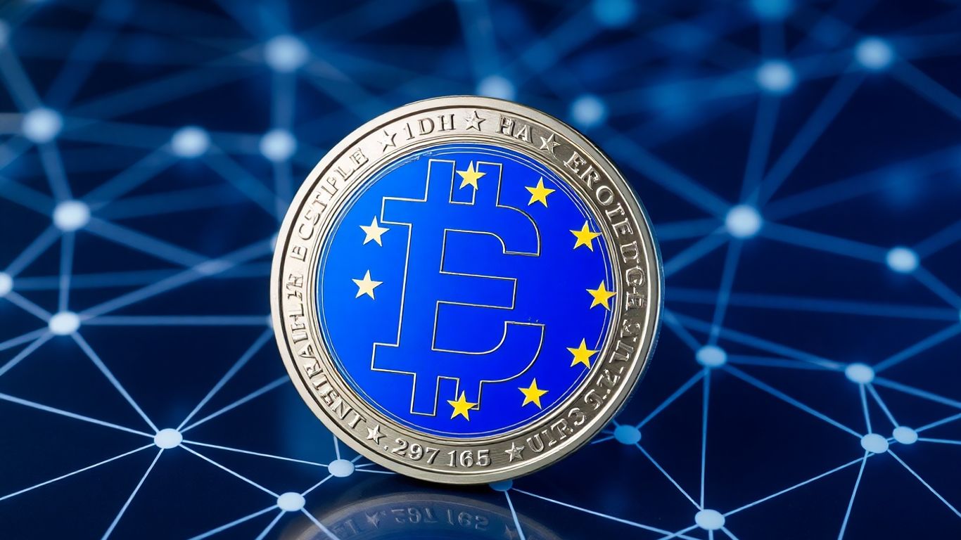 Digital currency coin with EU flag pattern and global network.