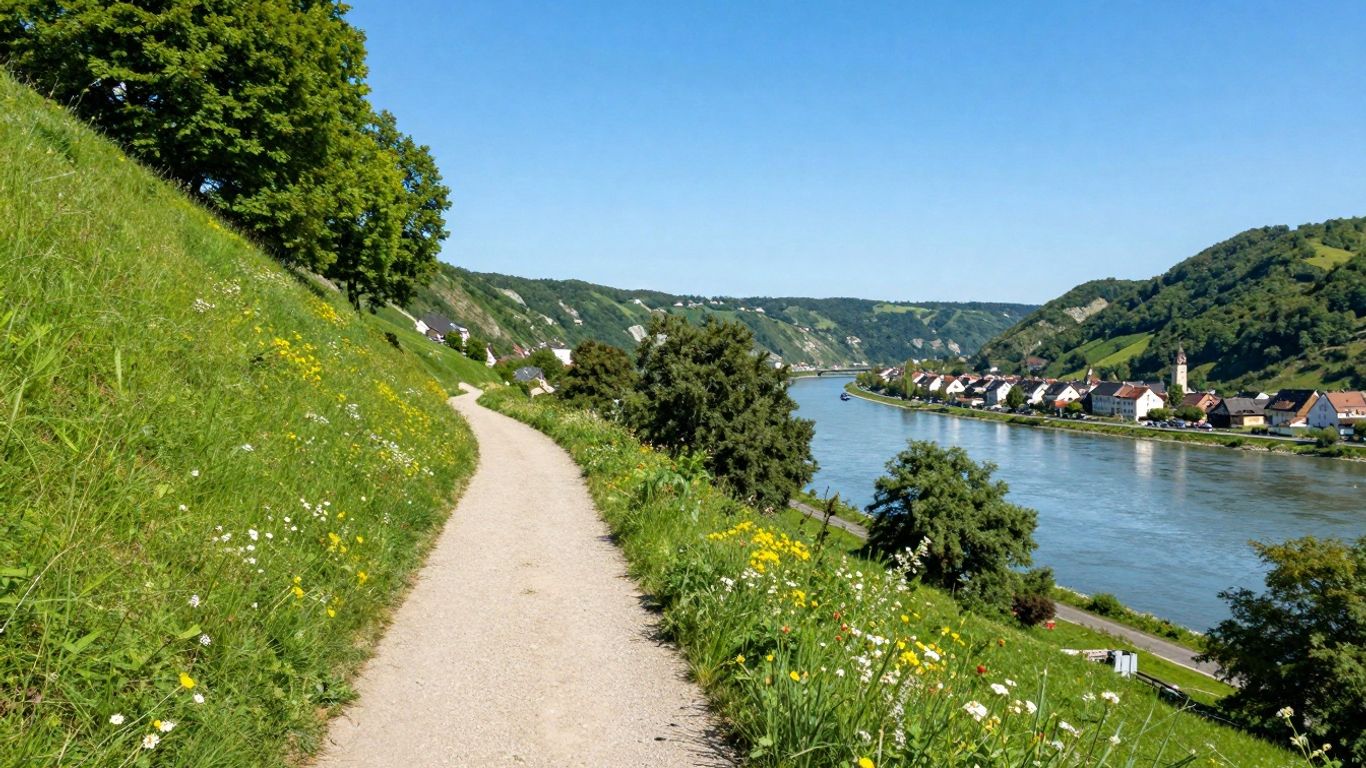 Wanderweg mit Blick auf Linz am Rhein und den Rhein