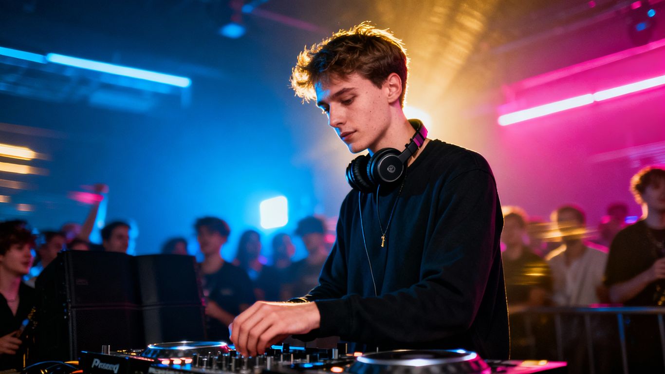 DJ AG in action, headphones around neck, energetic background.