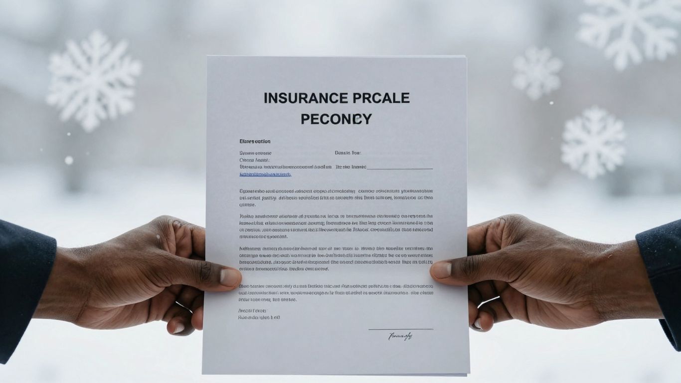 Hands holding insurance policy document with winter theme.