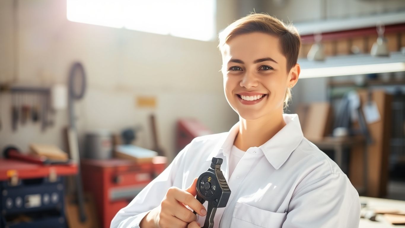 Person in work uniform smiling, holding a tool.