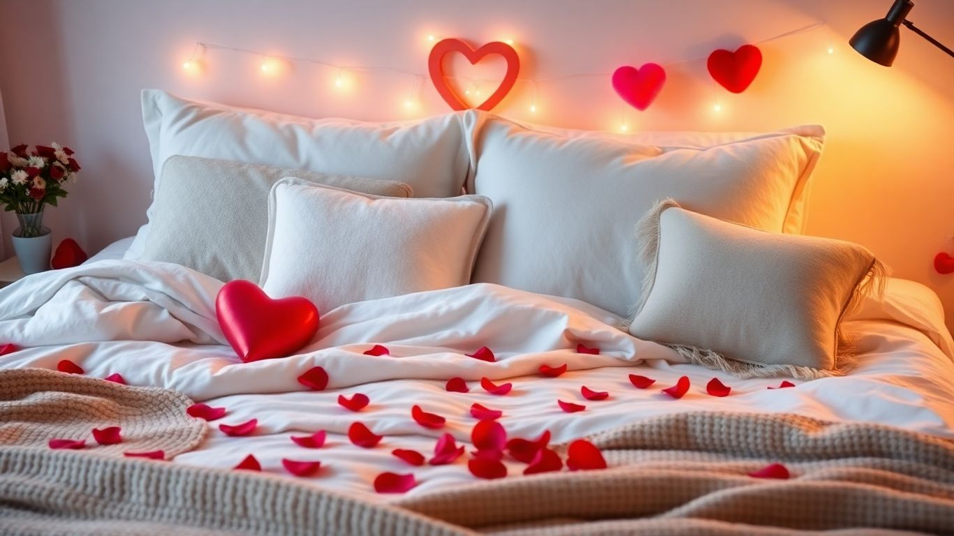 Cozy bedroom with Valentine's decor and soft lighting.