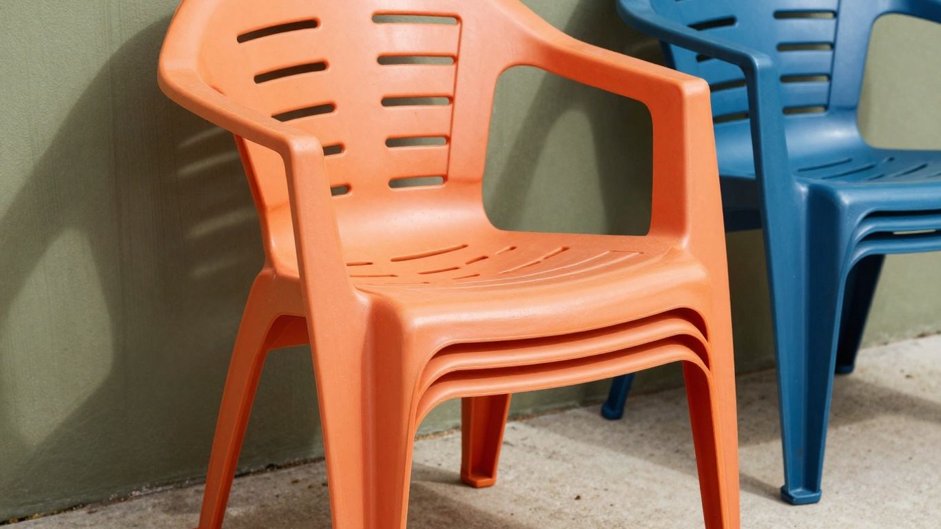 Moderner Plastikstuhl im Freien, stapelbar und vielseitig.