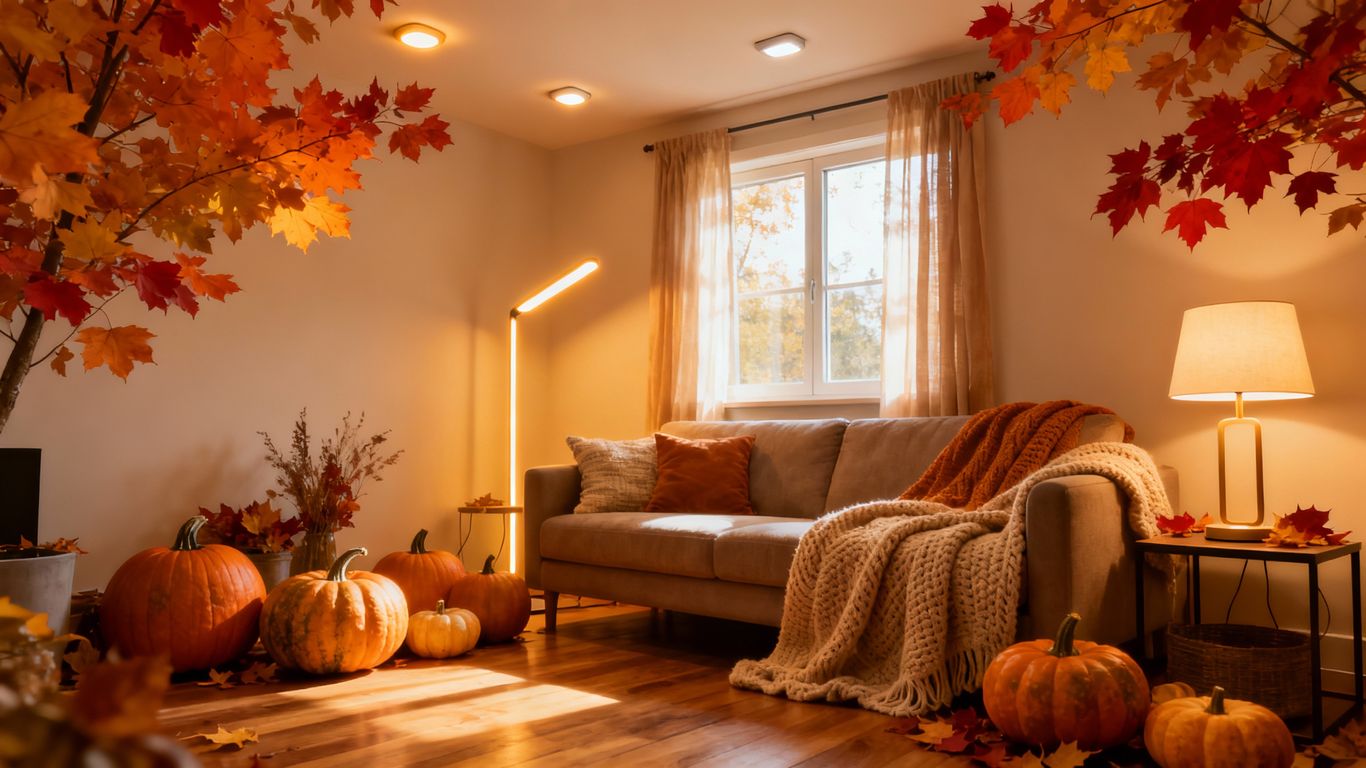 Warm LED lamps brightening cozy autumn-themed living room.