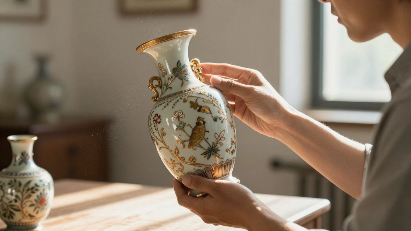 Perito revisando un jarrón antiguo en una casa.
