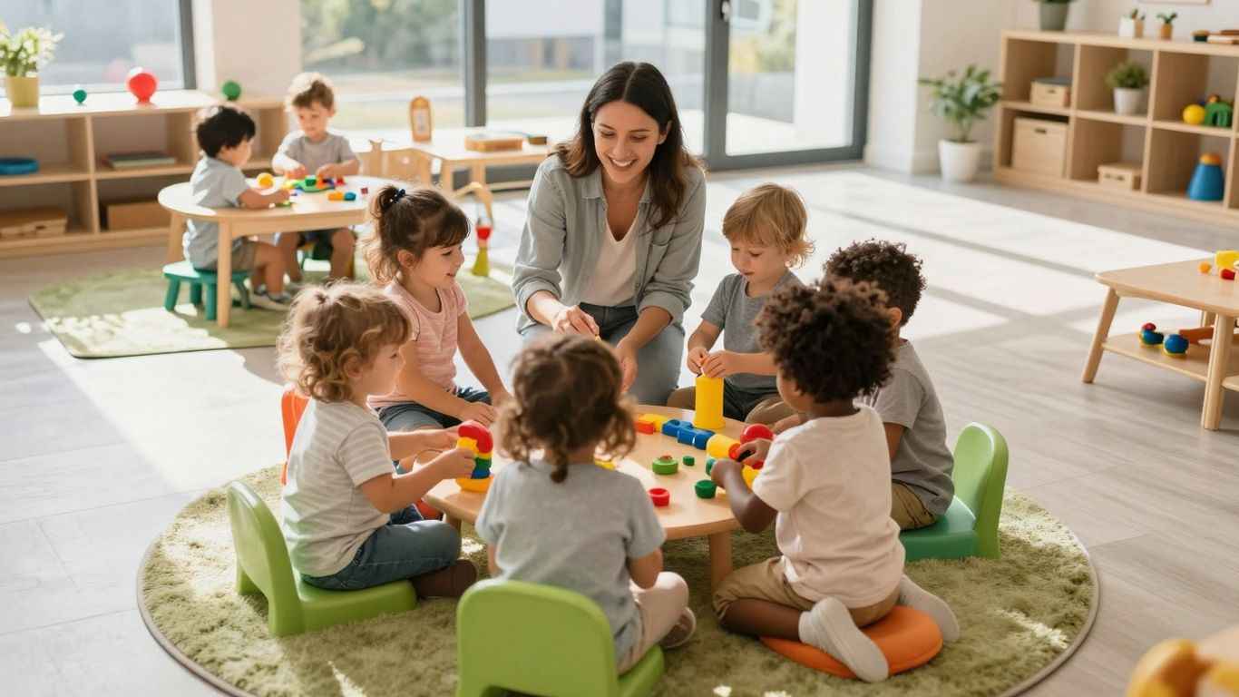 Happy toddlers playing in a bright, modern daycare classroom.