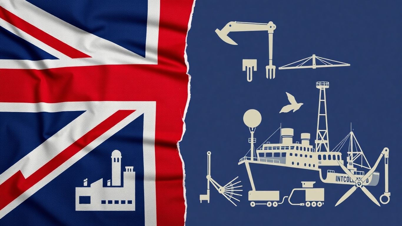 Tattered UK flag and struggling industry symbols.