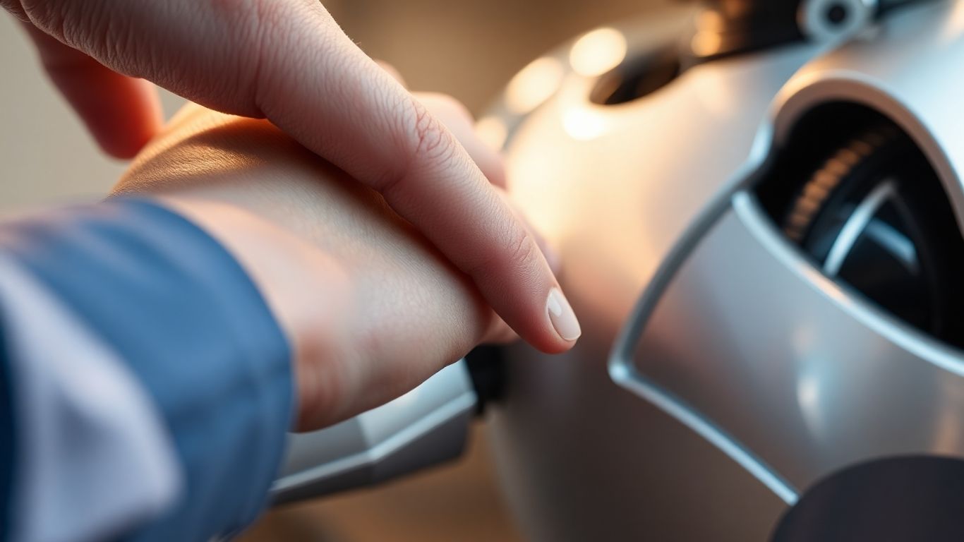 Human hand interacting with a robot arm.
