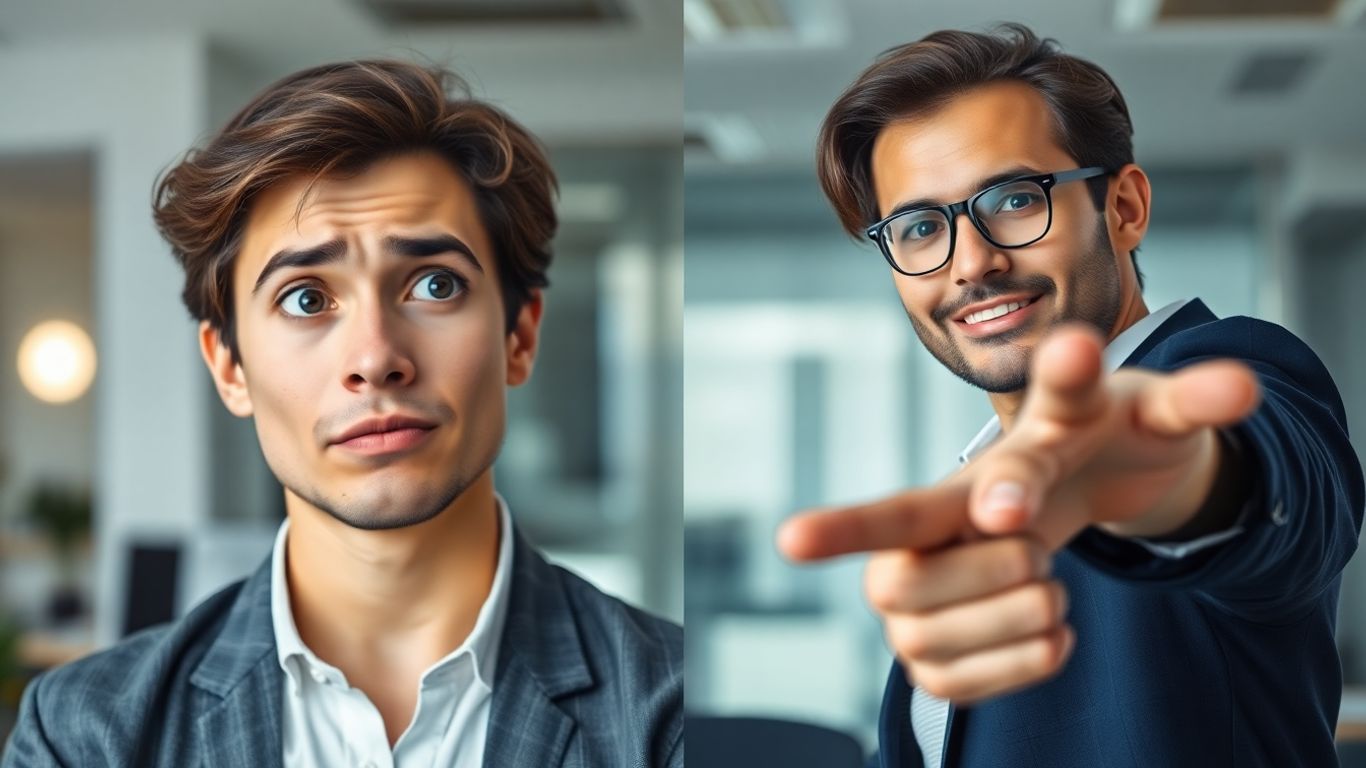 Person questioning and person pointing forward.