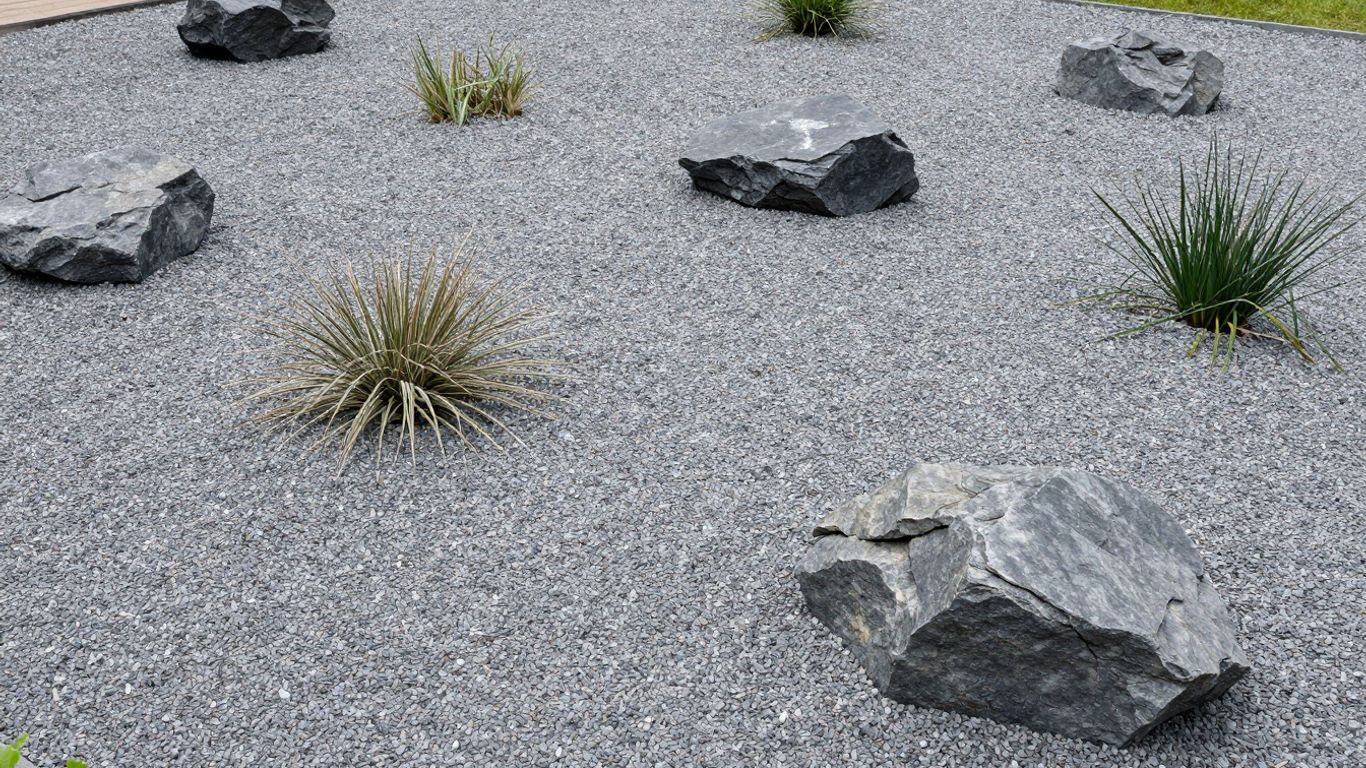 Schottergarten mit Steinen und wenigen Pflanzen