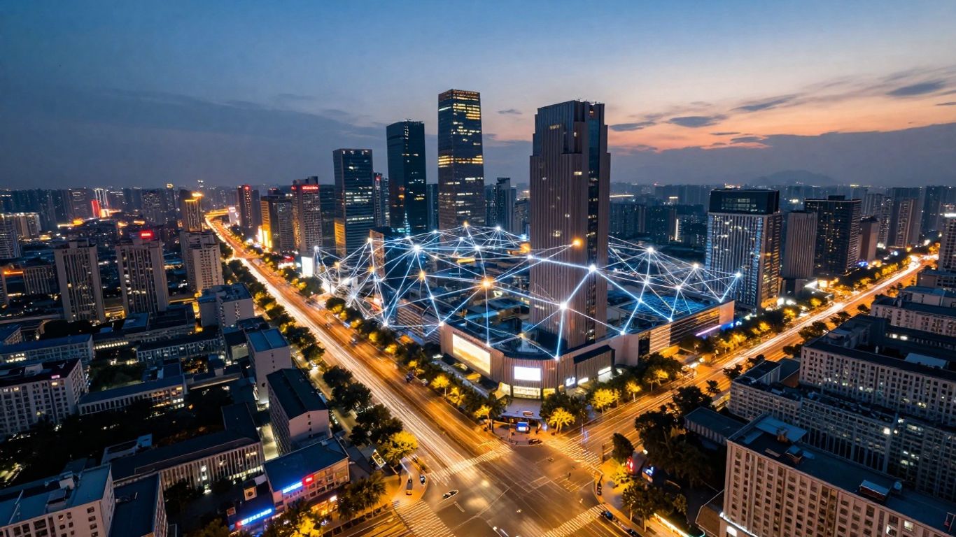 Rețea digitală vibrantă conectând un oraș modern.