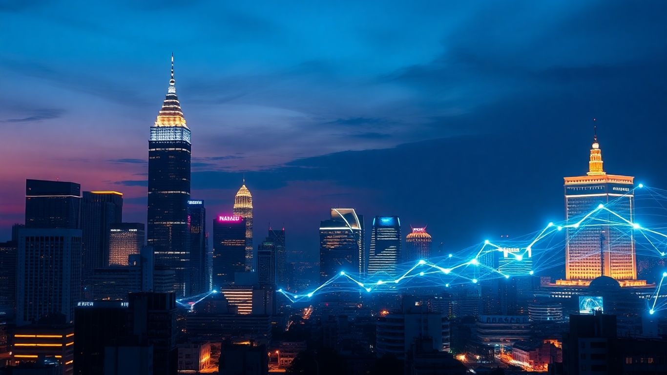 ภาพเมืองกรุงเทพฯ ยามค่ำคืนพร้อมเส้นเชื่อมโยงดิจิทัล