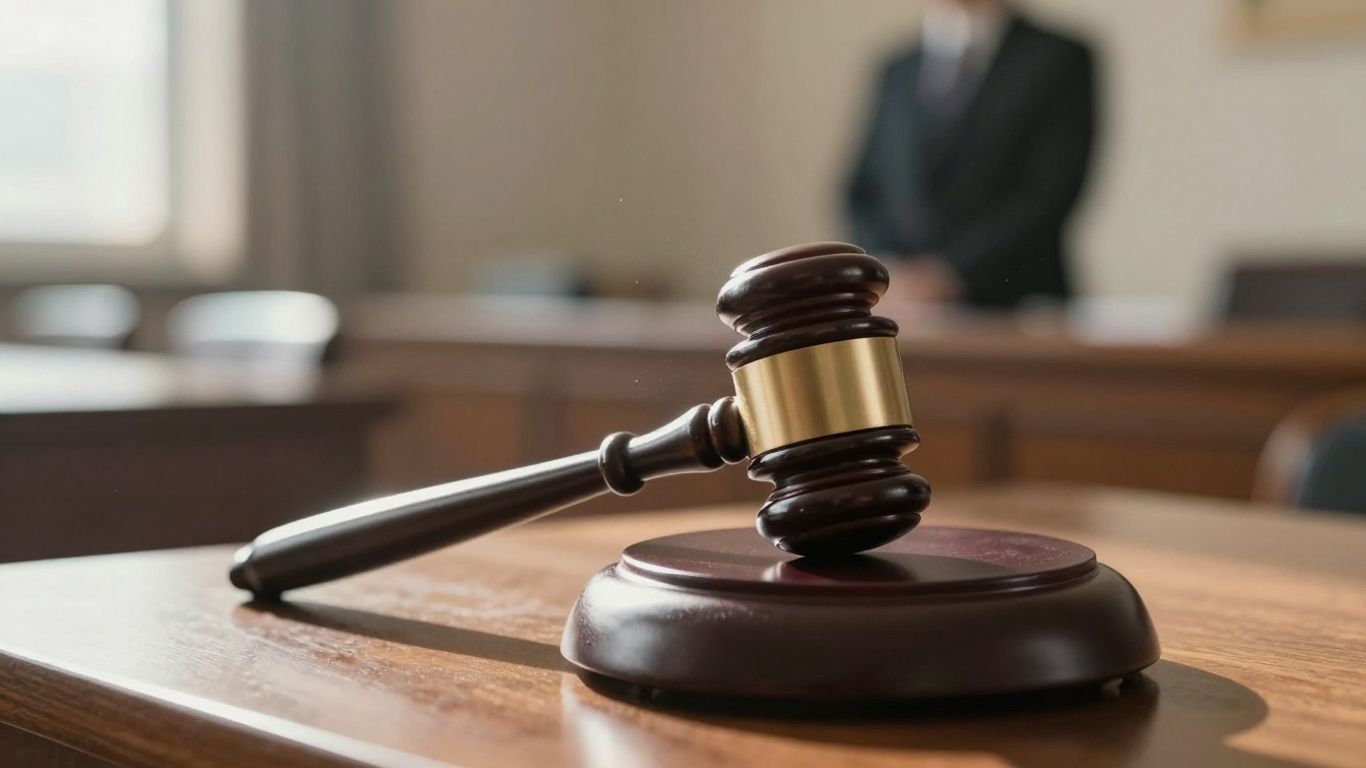 Courtroom gavel on a desk with light streaming in.