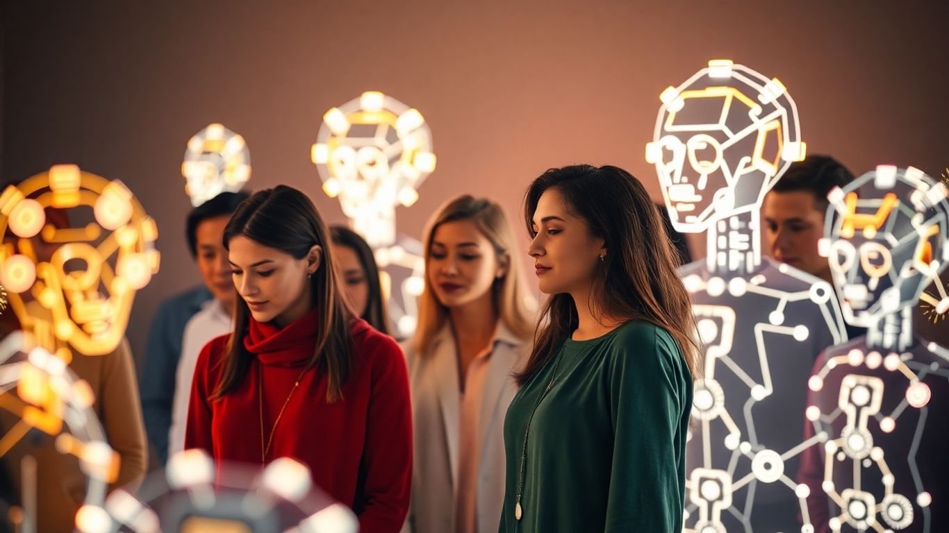 Humans and AI interacting harmoniously.