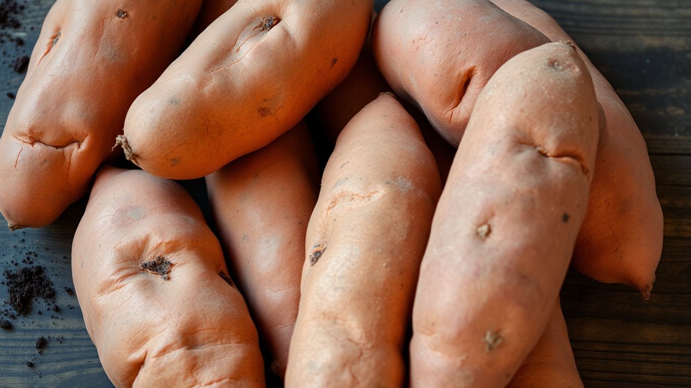 Biologische zoete aardappelen op een houten ondergrond.