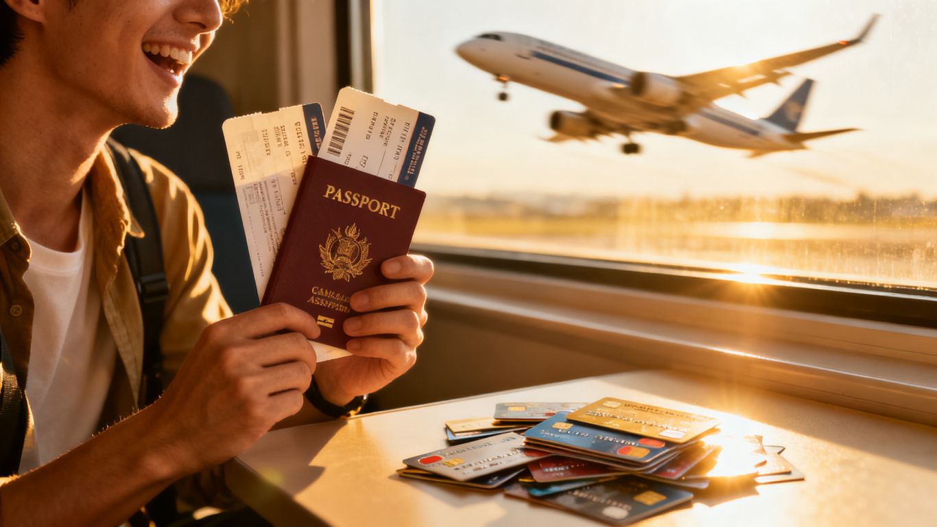 Person holding passport and boarding pass with airplane.