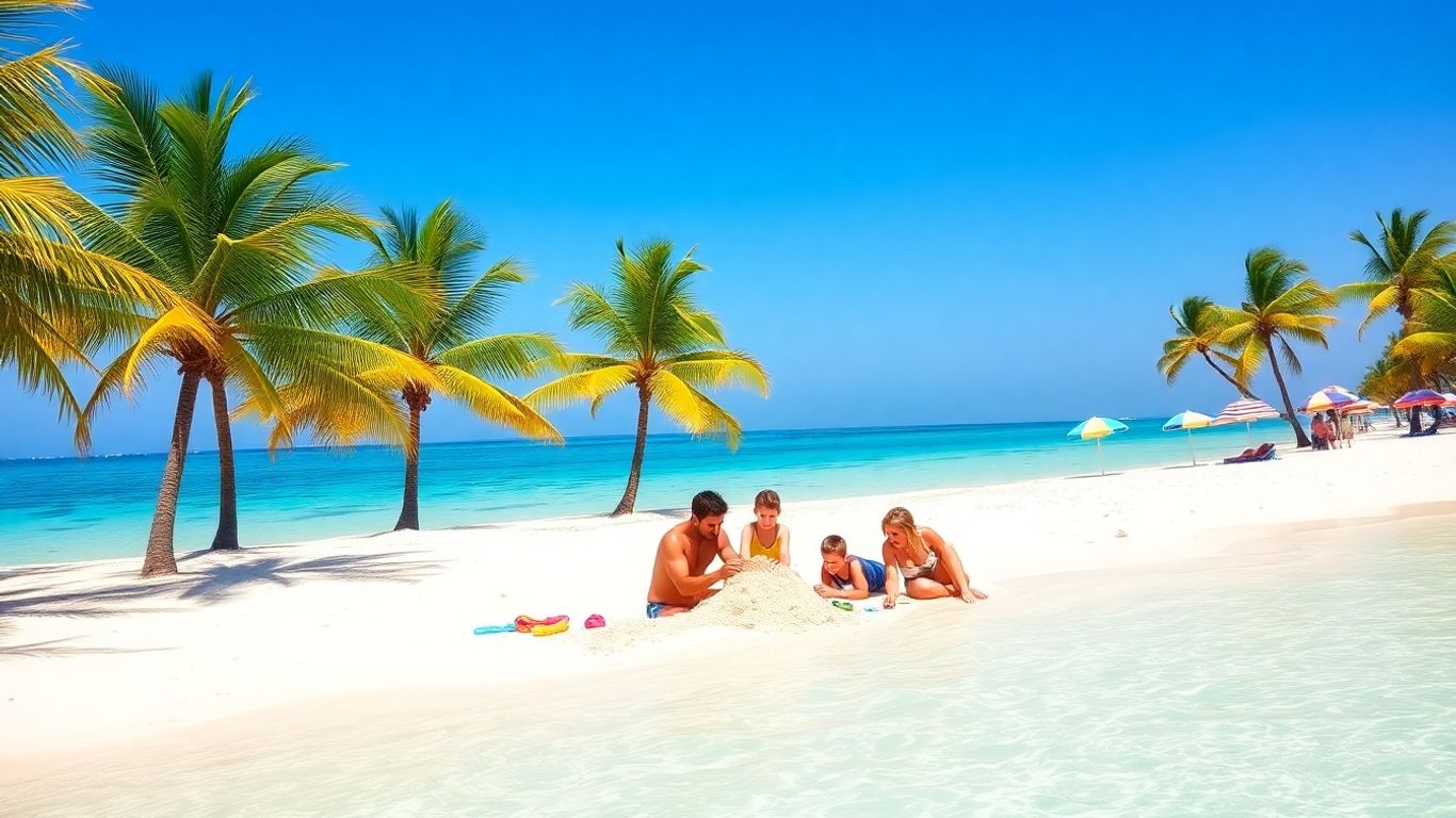 Family enjoying a sunny beach vacation with clear blue water.