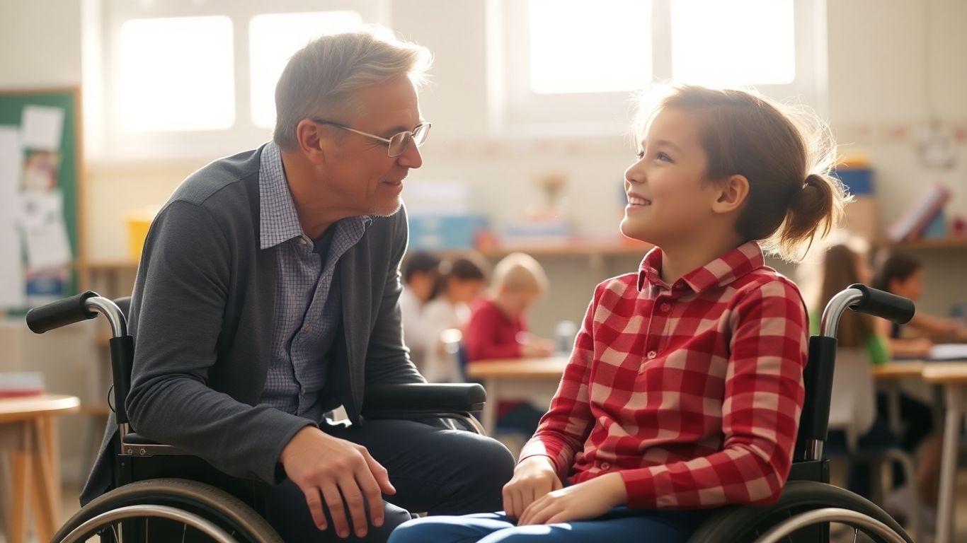 Enseignante aidant un élève en fauteuil roulant dans une salle de classe.