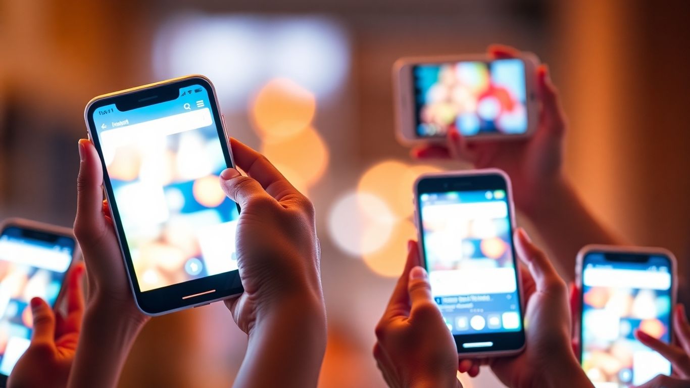 Diverse hands holding smartphones with social media interfaces.