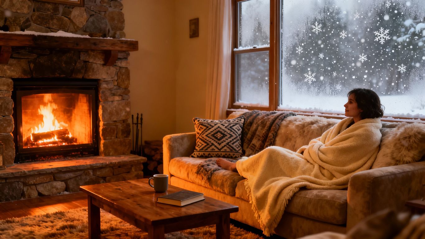 Cozy living room with fireplace and snow outside window.