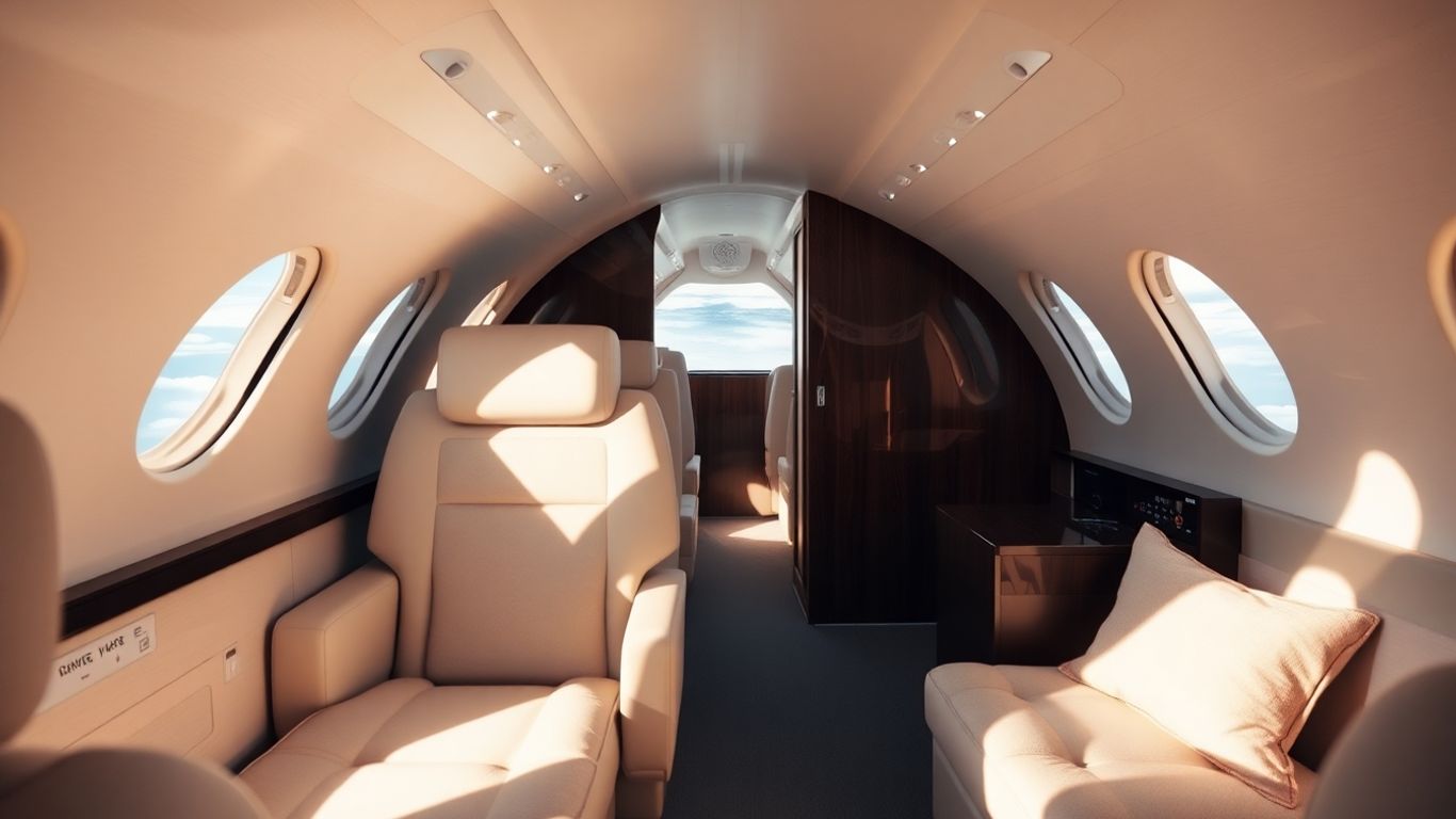 Luxurious private jet interior with plush seating and ambient lighting.