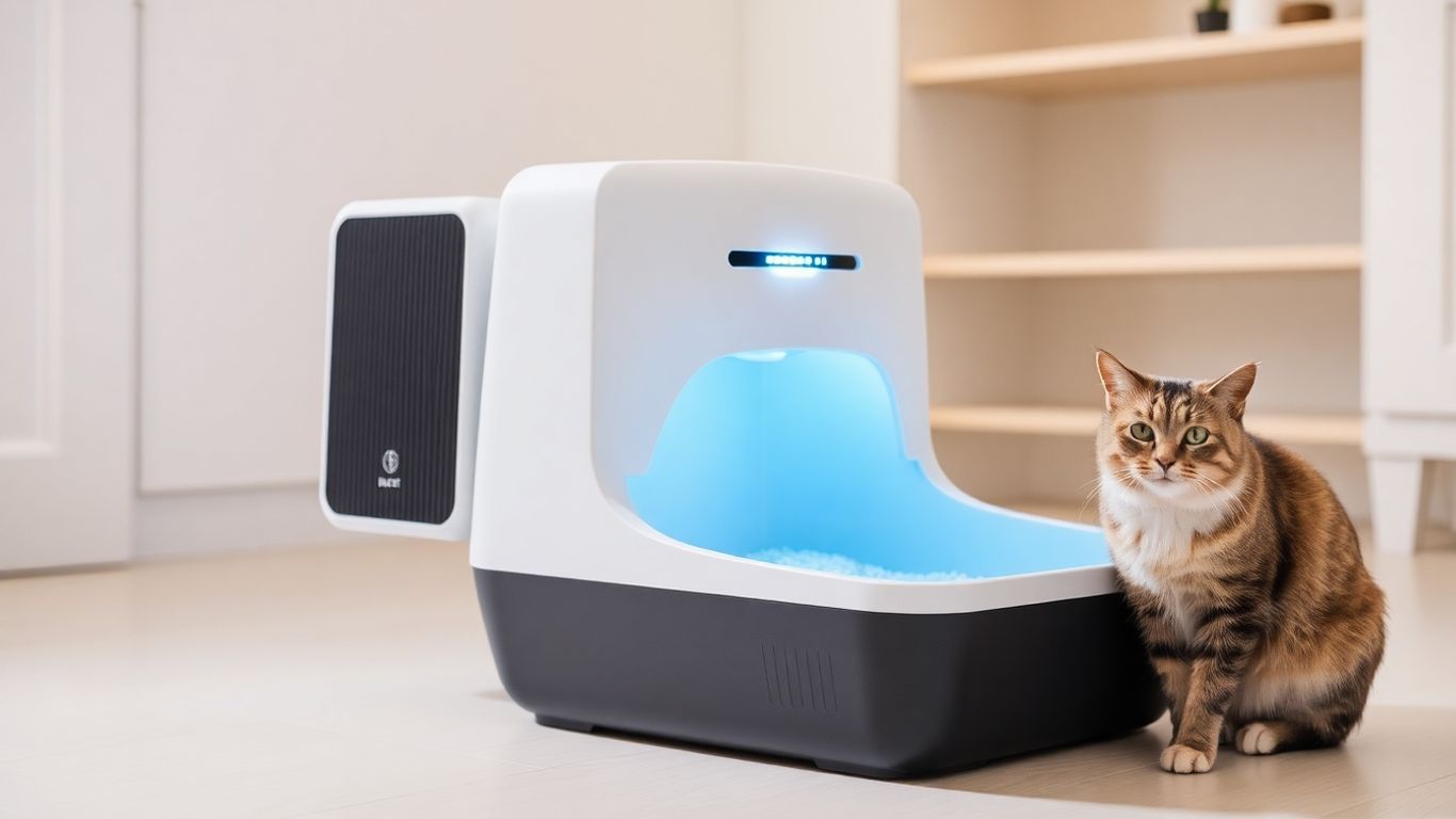 Smart cat litter box purifier with blue light, happy cat nearby.