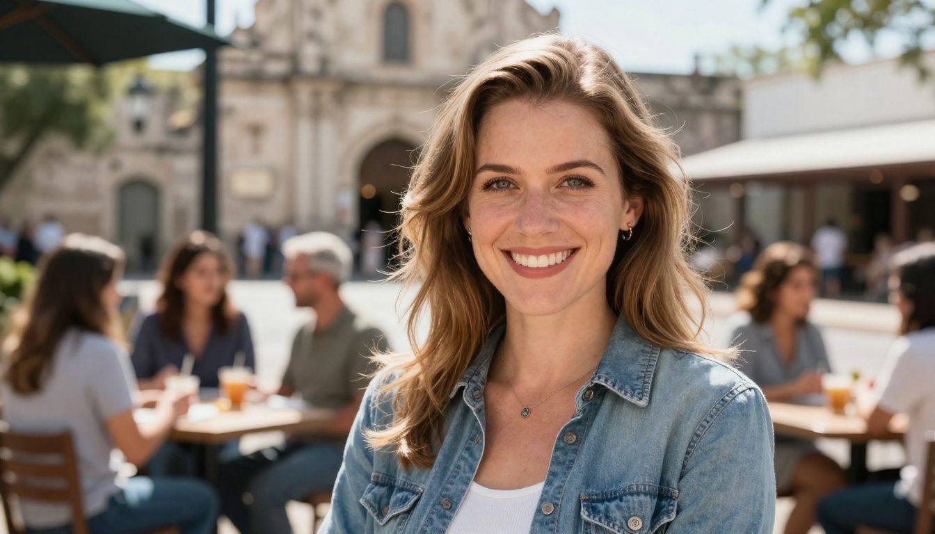 Attractive white woman smiling in San Antonio, Texas.