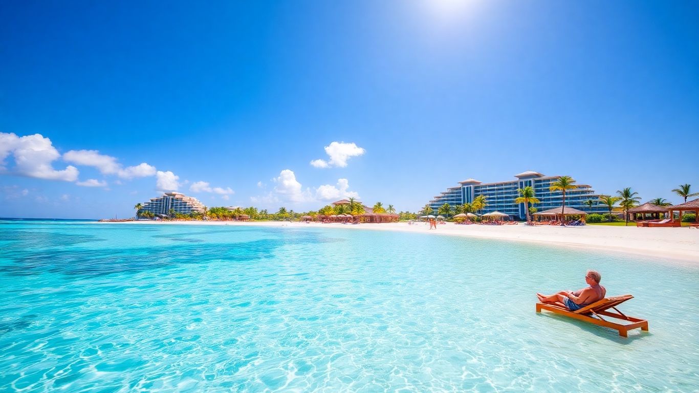 Couple relaxing on a tropical beach with resort in background.