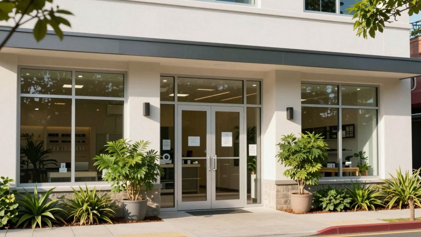 Modern dispensary exterior with plants and sunlight.