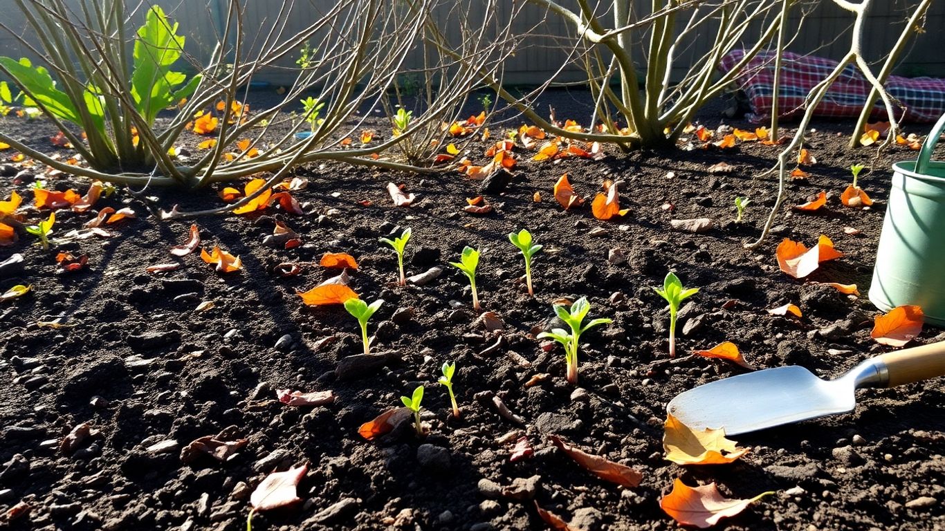 Gartenarbeit im Herbst mit jungen Pflanzen und Werkzeugen.