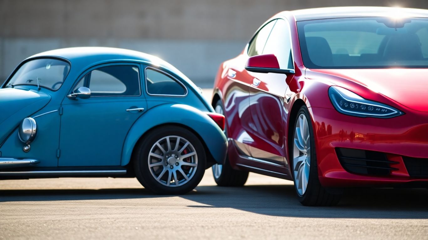 Tesla and Volkswagen cars side-by-side.