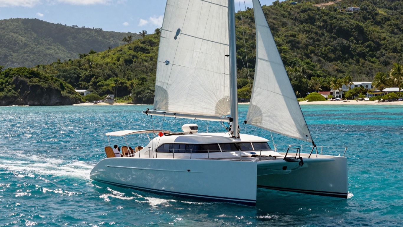 Catamaran sailing in clear blue waters of BVI.