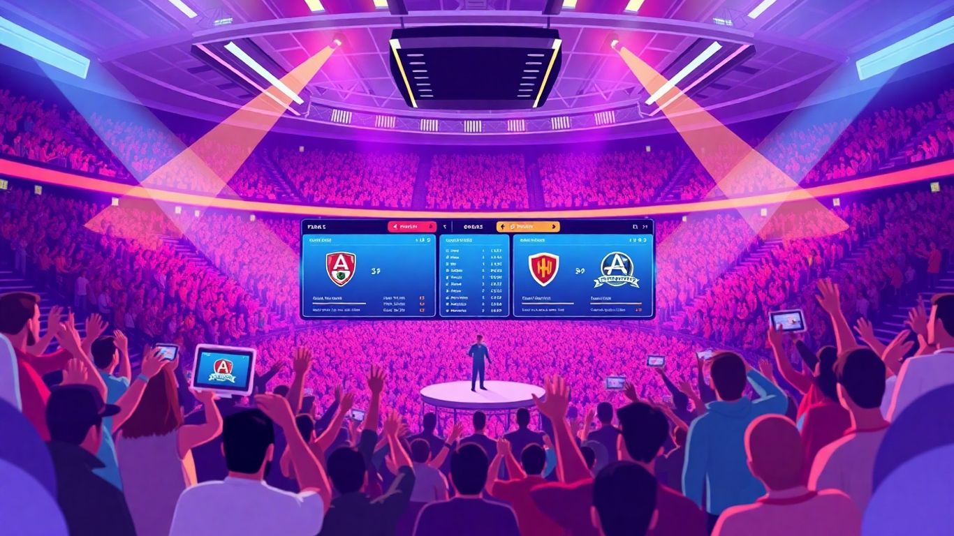 Esports stadium with digital interface and player stats.