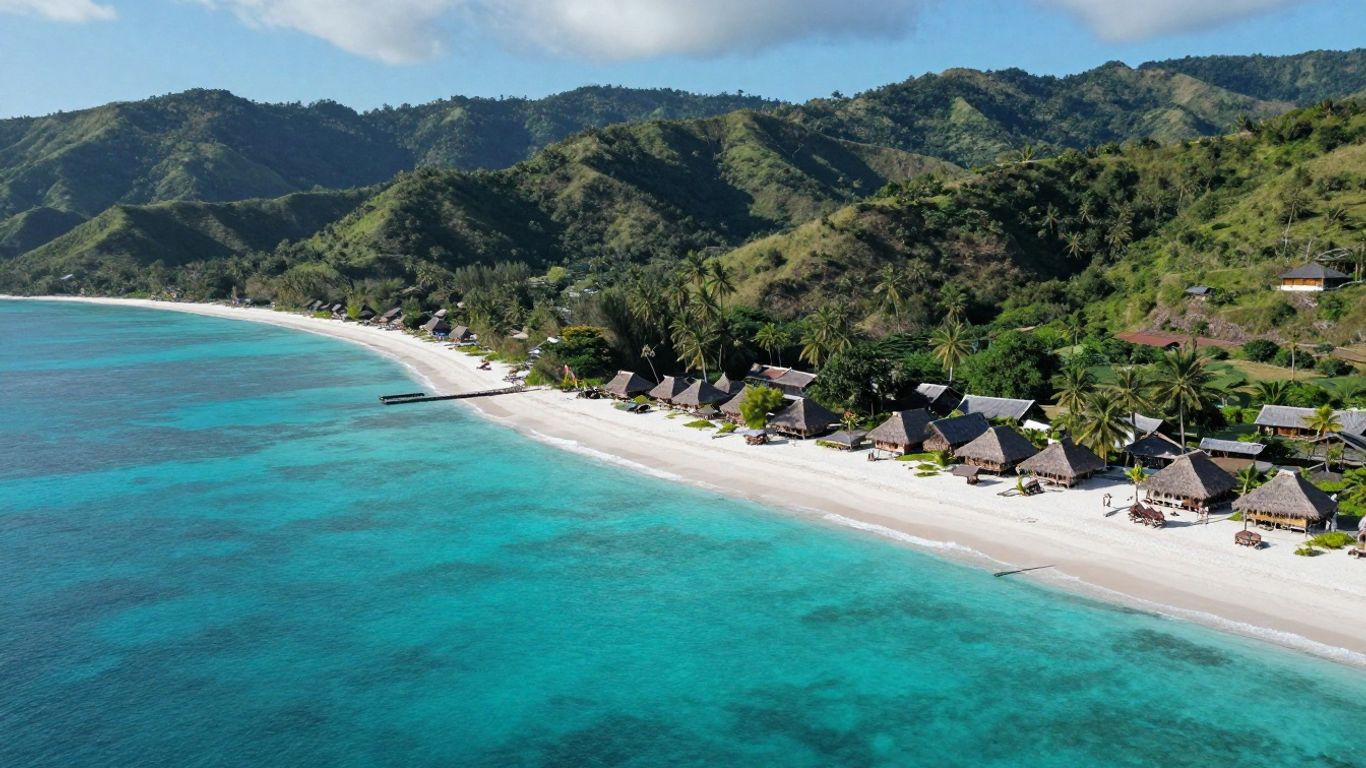 Aerial view of Sumba Island's beaches and hills.