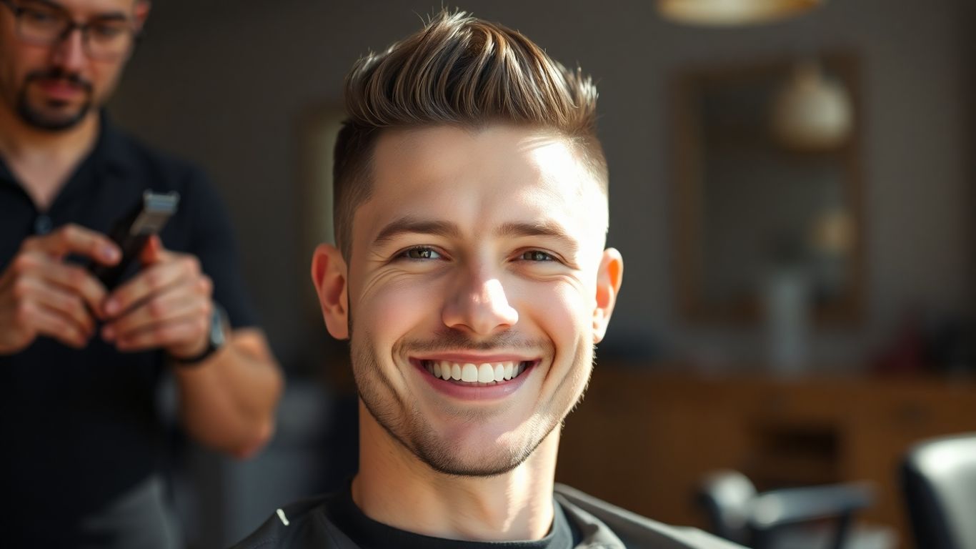 Man with a confident smile after a fresh haircut.