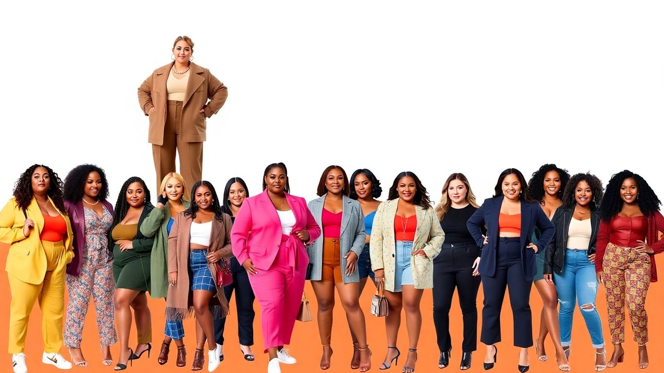Diverse plus-size fashion influencers in stylish outfits.