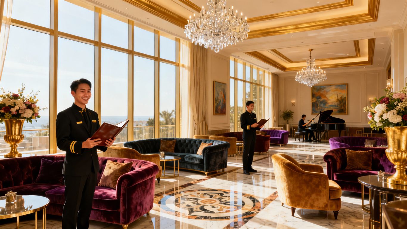Luxurious hotel lobby with attentive staff and welcoming ambiance.