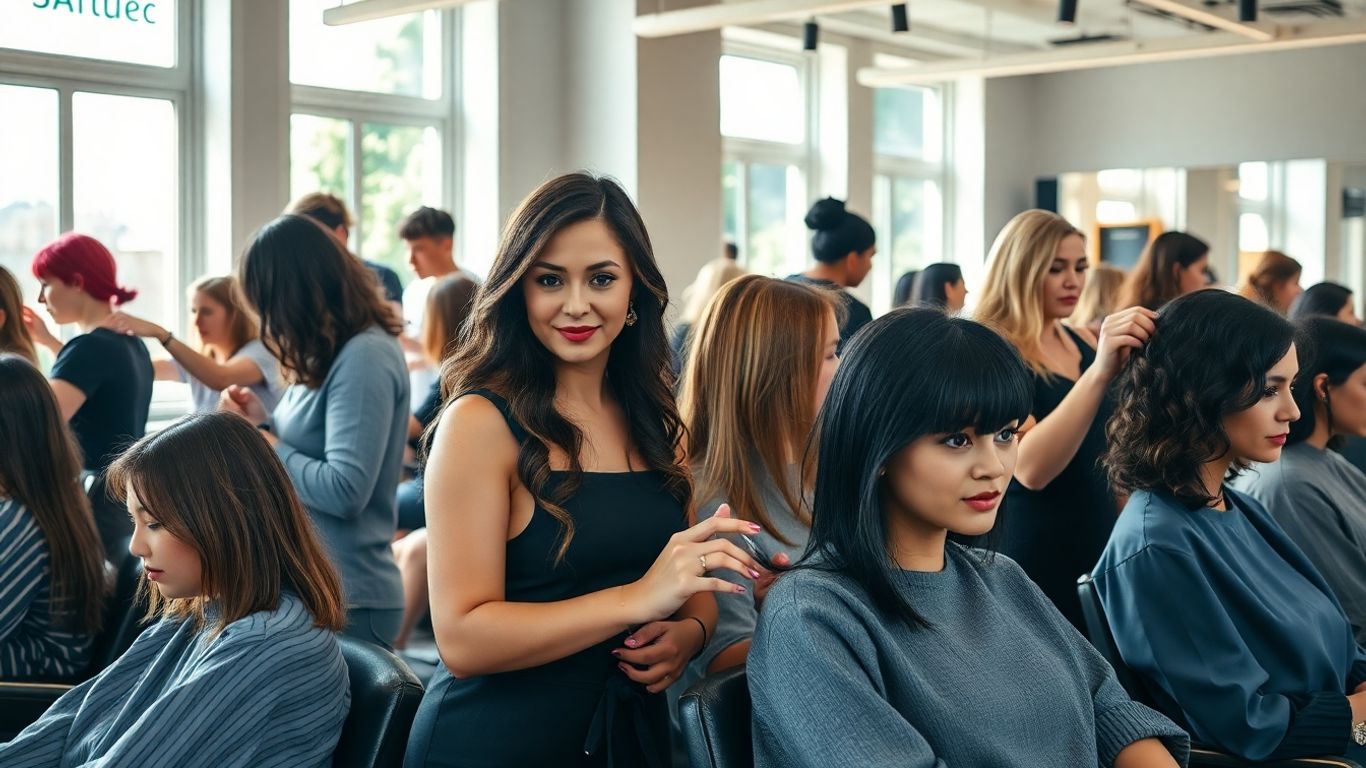 Hairdressers styling clients in a modern salon.