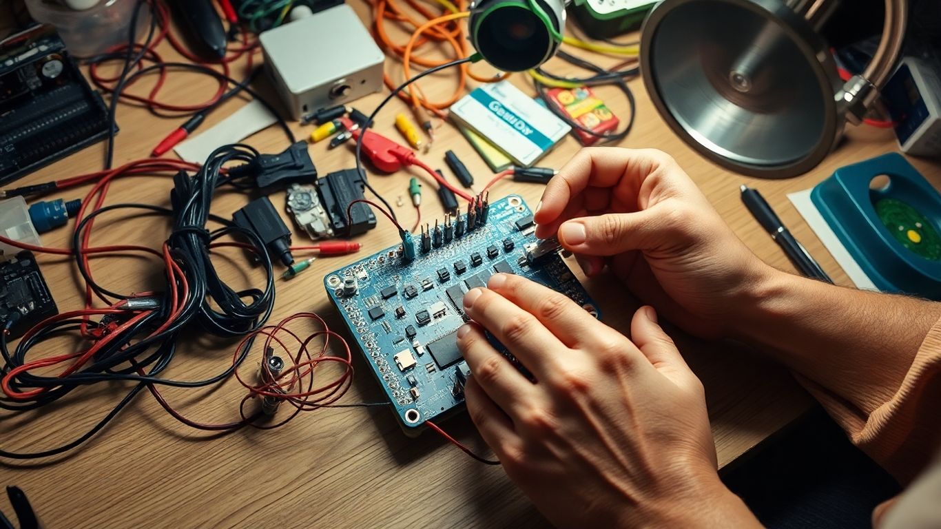 Hands assembling a complex electronic prototype on a workbench.