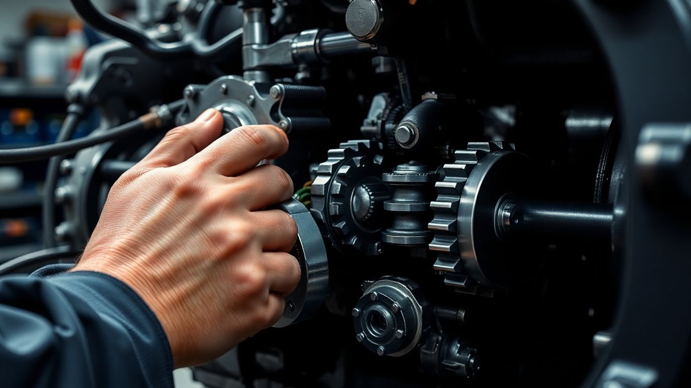 Mechanic working on car transmission gears