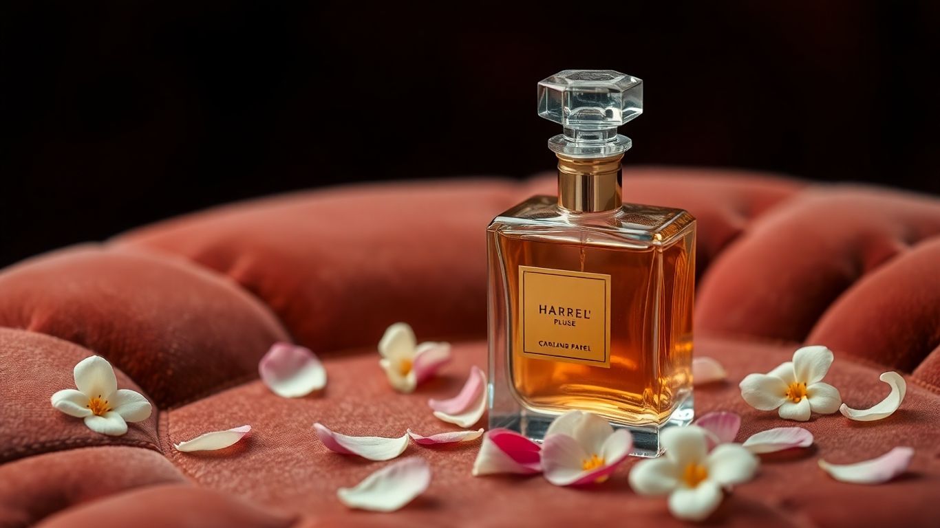 Elegant perfume bottle surrounded by flower petals.