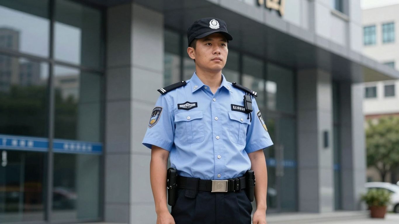 Professional security guard standing outside a building.