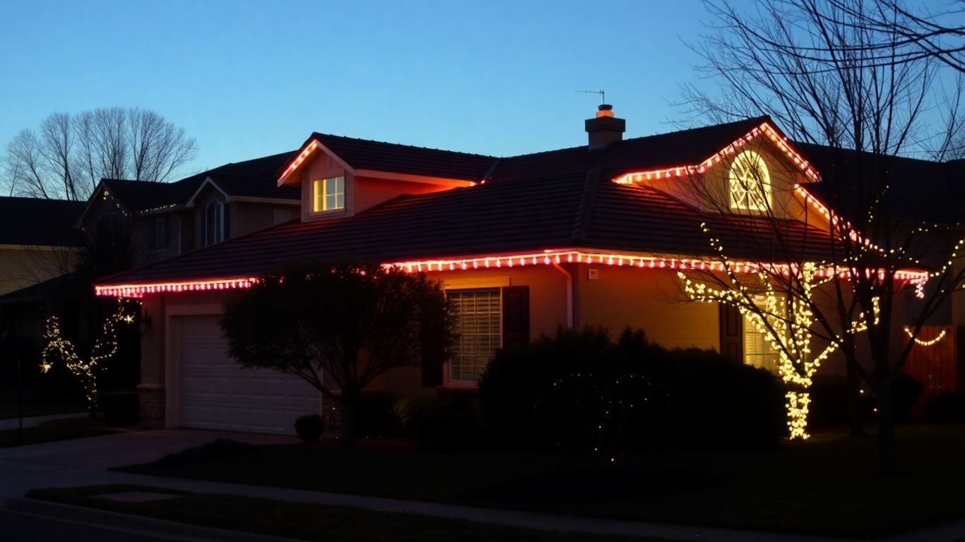 Permanent and traditional Christmas lights on neighboring houses